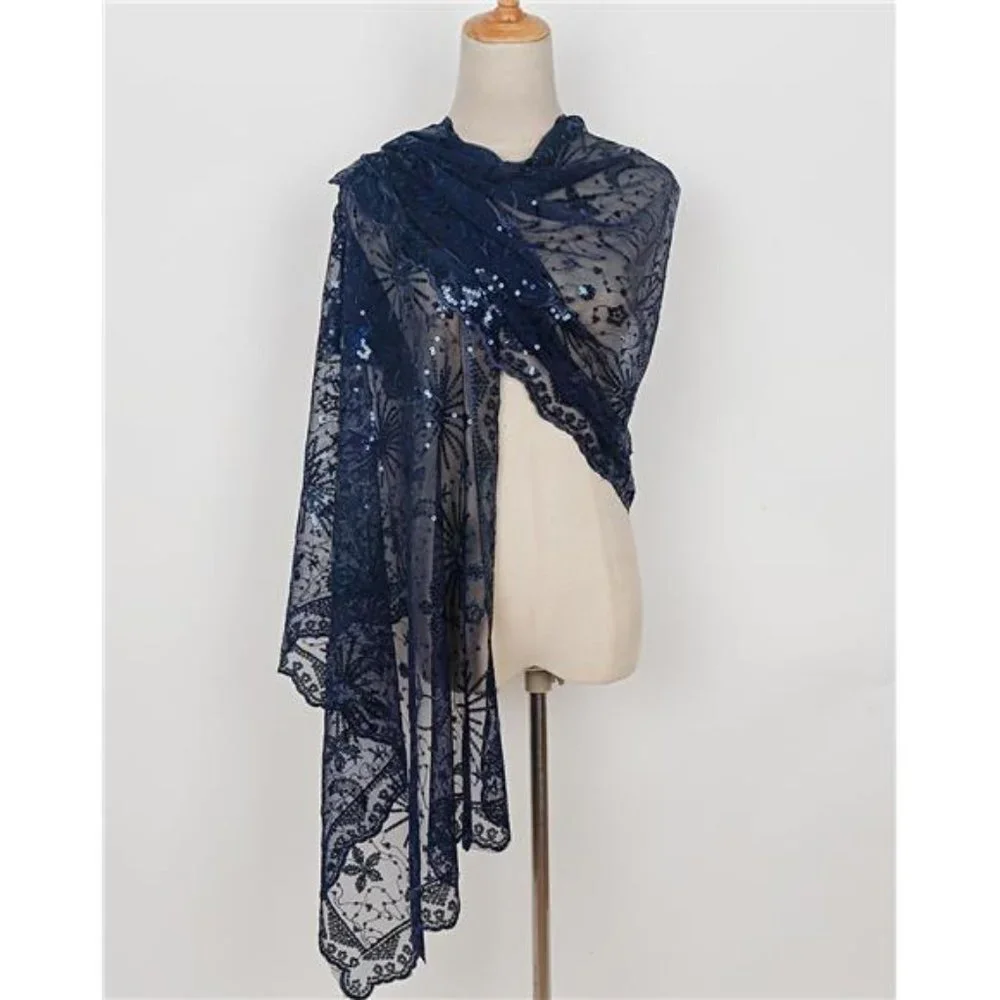 Boho Navy‎ Blue Moon & Star Sheer Mesh Sequin Embellished Shawl Wrap Scarf